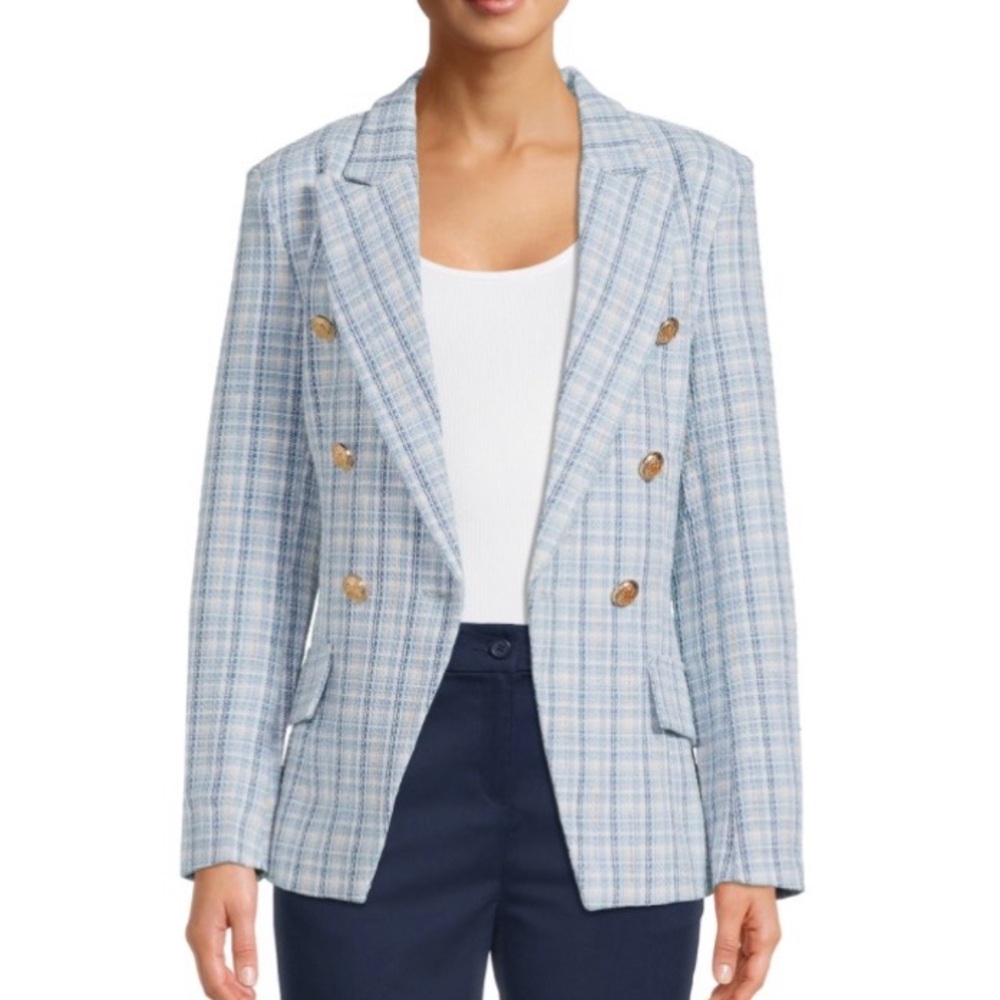 Attitude Unlnown Double-Breasted Light Blue Plaid Tweed Blazer with Gold Buttons